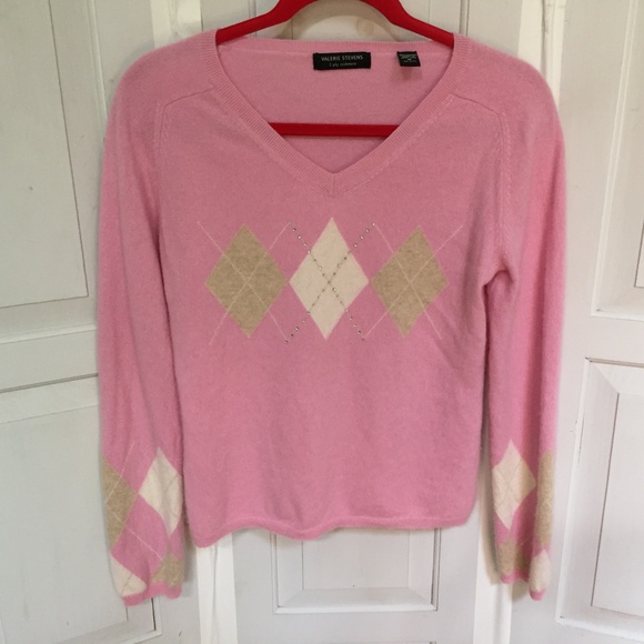 Valerie Stevens Pink and Tan Cashmere V-Neck Sweater - Picture 1 of 14